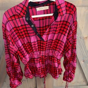 We The Free Red and Pink Plaid Button Down Shirt